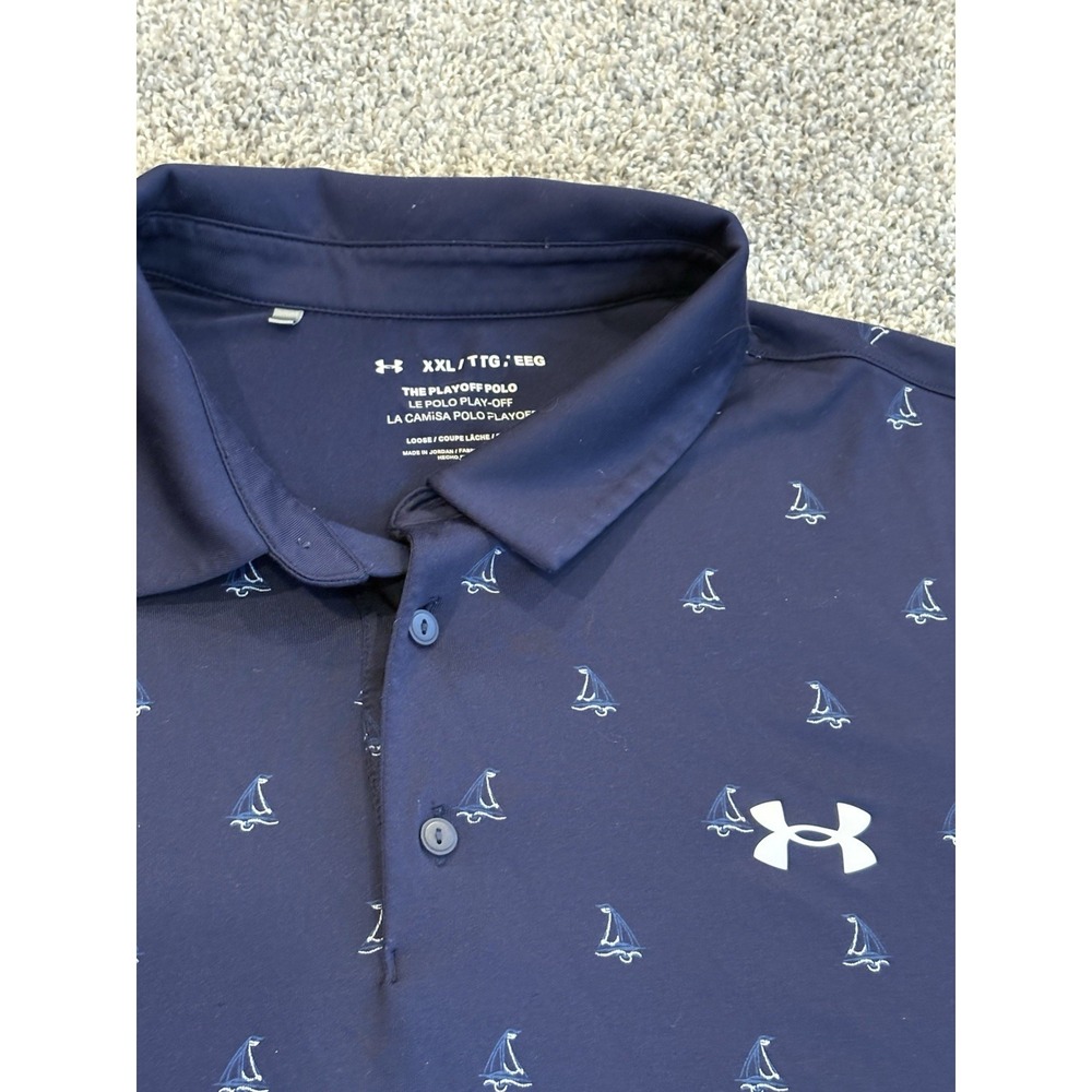 Under Armour Mens XXL Playoff Polo Shirt Navy Blue Sailboat Print Golf Short Slv